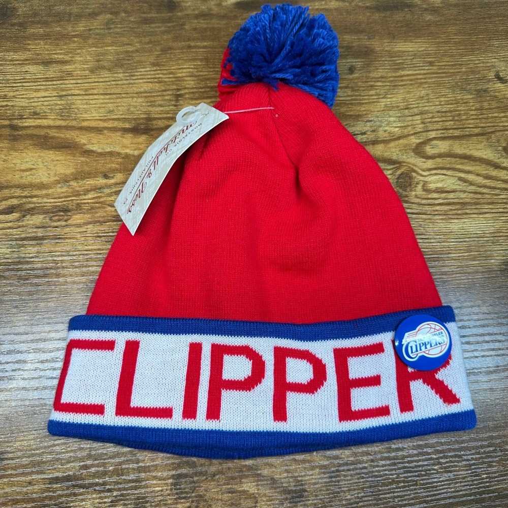 Mitchell & Ness LA‎ Clippers Beanie Red Blue Vintage Block Pom Knit Hat KK43Z